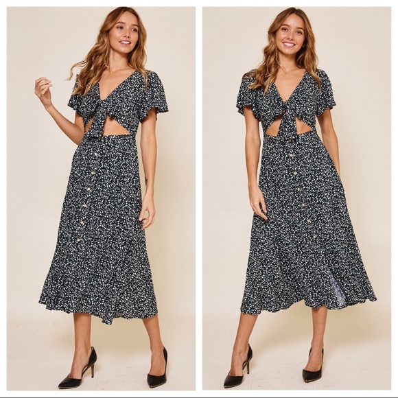 46 Alison Boho Short Sleeve Floral Midi Dress With Tie - Picture 3 of 3